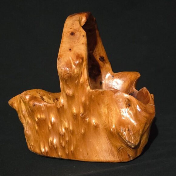 Vtg Hand Carved Handled Burl Wood Basket 9 5/8" L x 7 3/4" W x 9" H - Picture 1 of 6